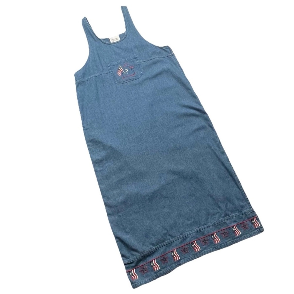 Christopher & Banks Womens Patriotic USA Denim Jumper Dress Flags & Stars Large